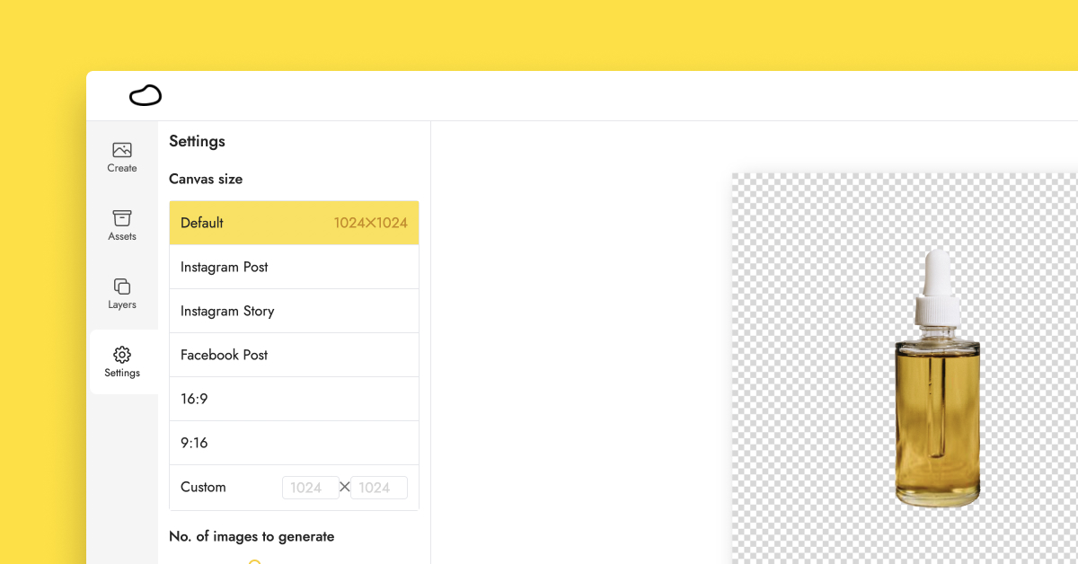 Screenshot of Pebblely's canvas size setting'