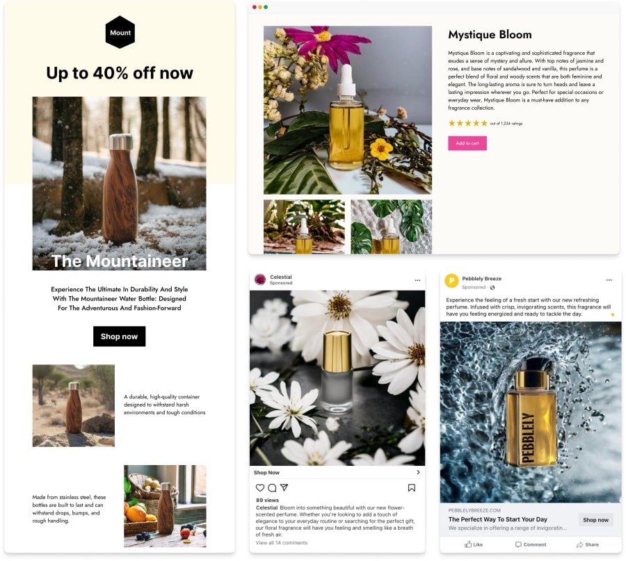 An email, website, Instagram ad, and Facebook ad with various product images
