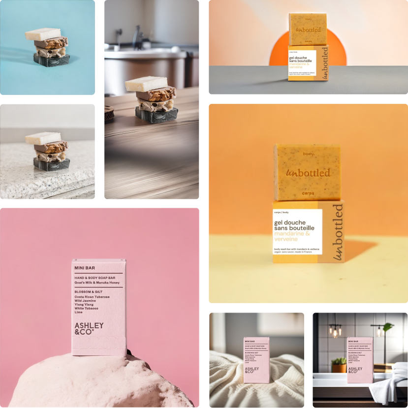 A collage of different soap on various backgrounds