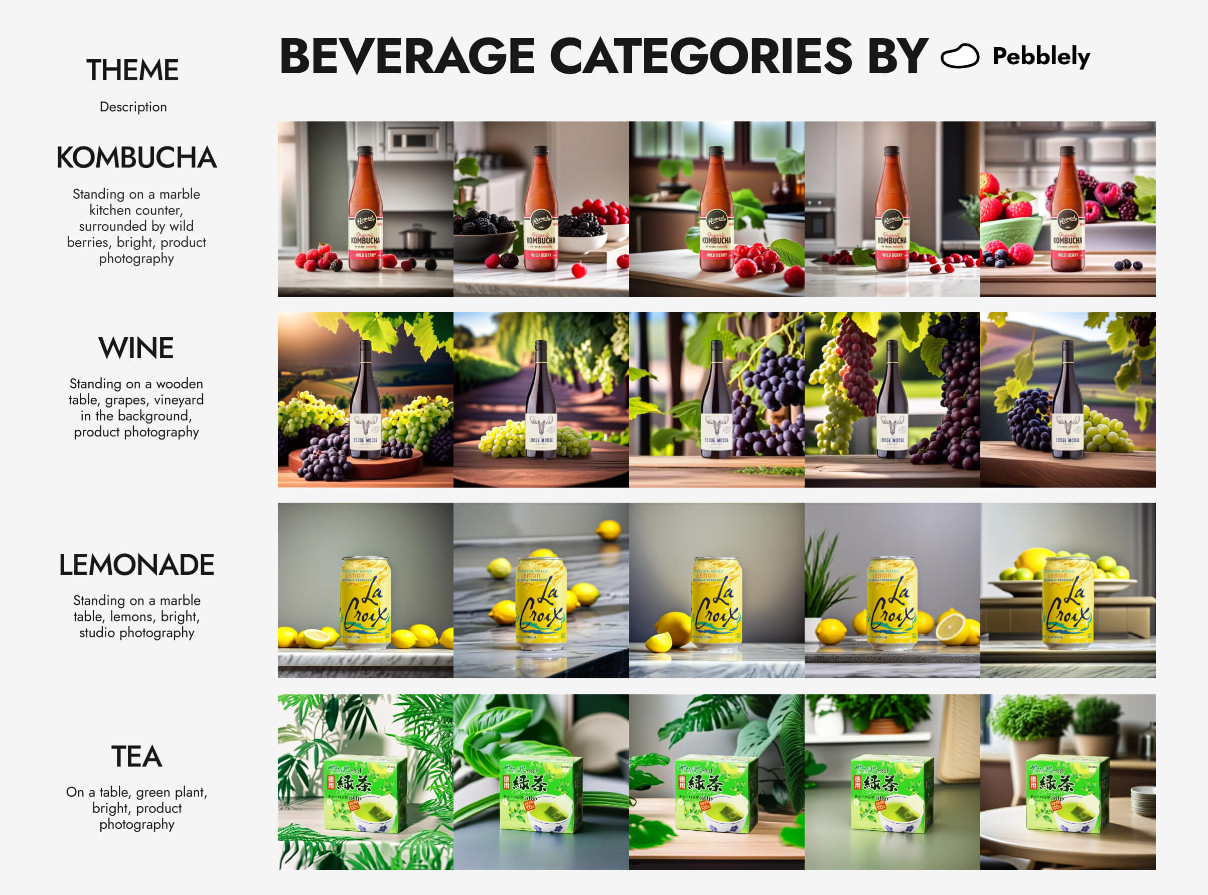 A compilation of kombucha bottle photos in different kinds of backgrounds generated with Pebblely