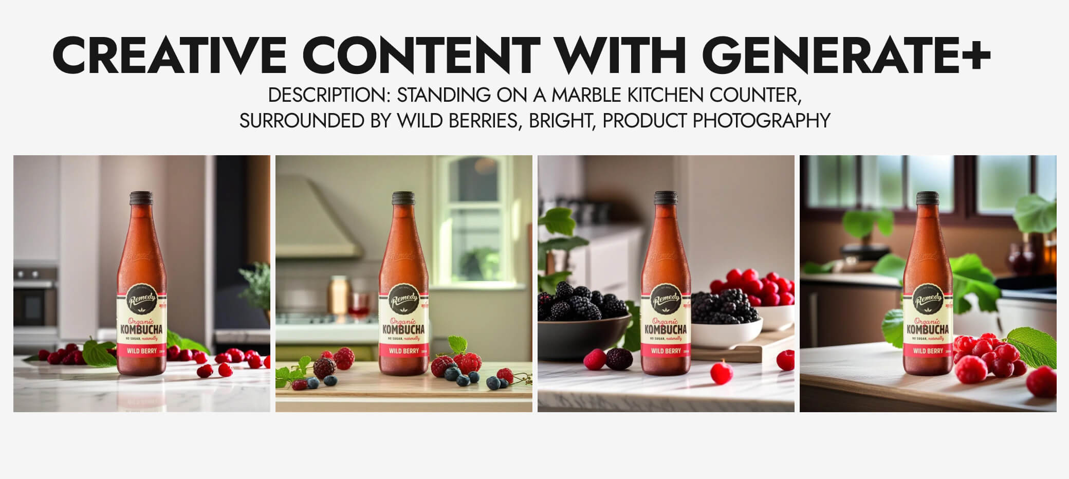 Kombucha product photos generated with GENERATE+