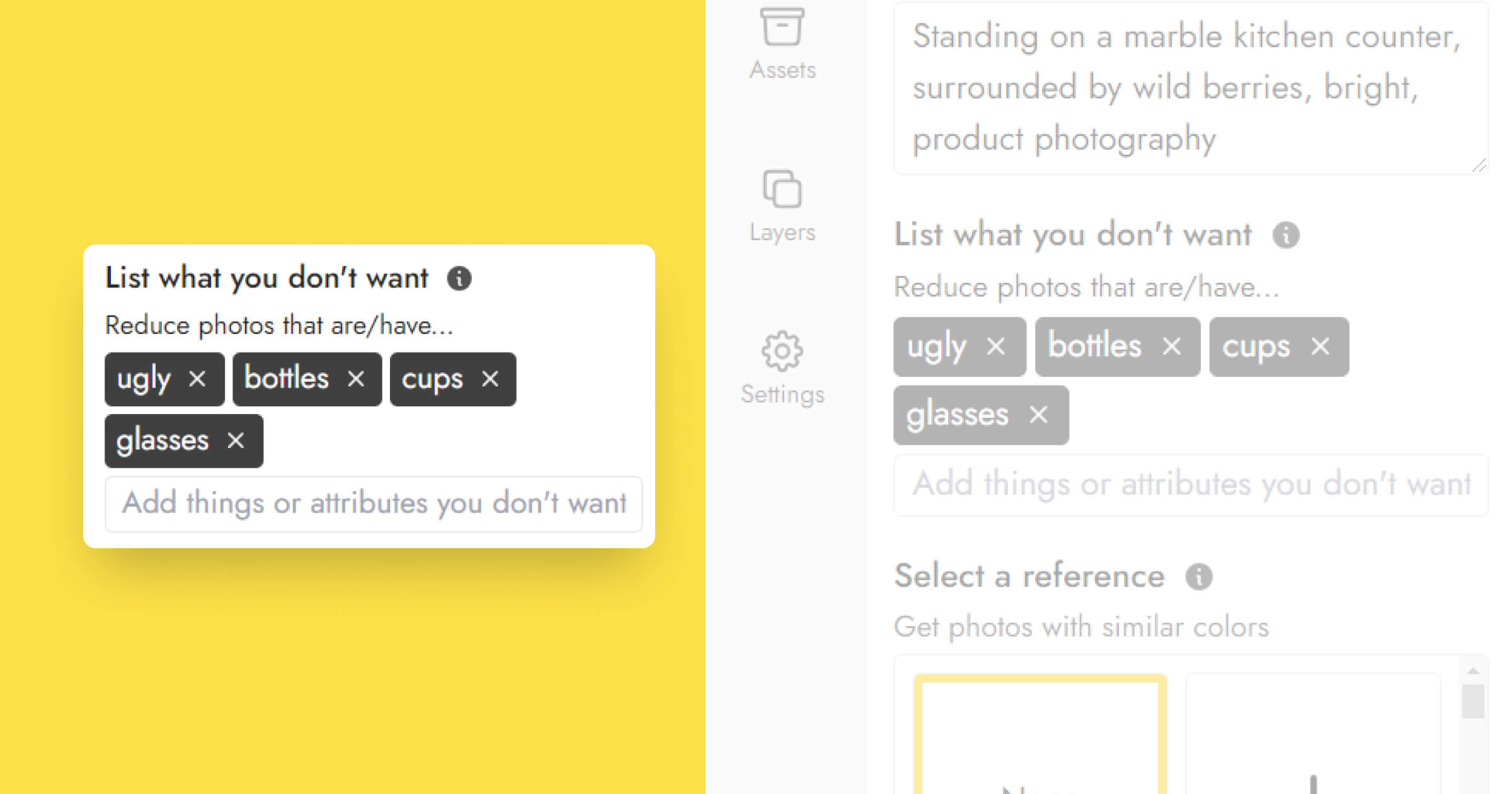 List of exclusions in Pebblely's negative prompt feature