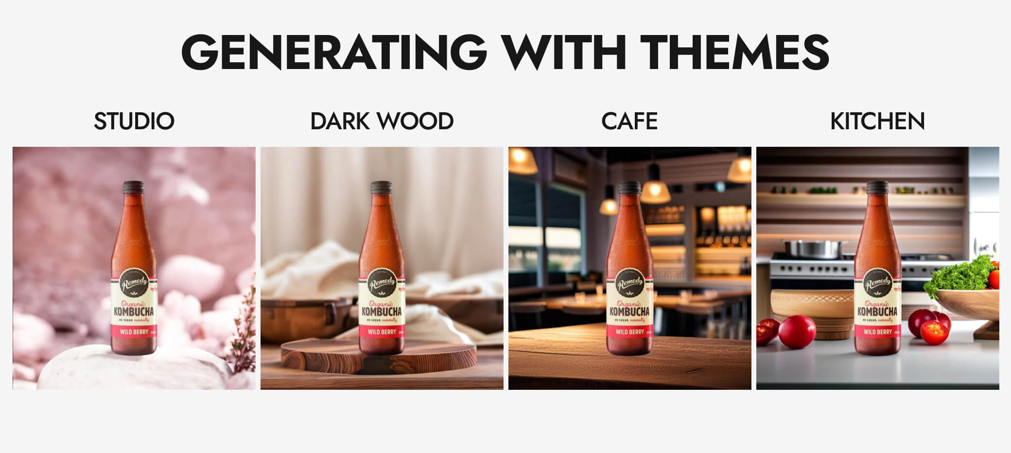 A visual of how bottle photos can be generated with themes on Pebblely