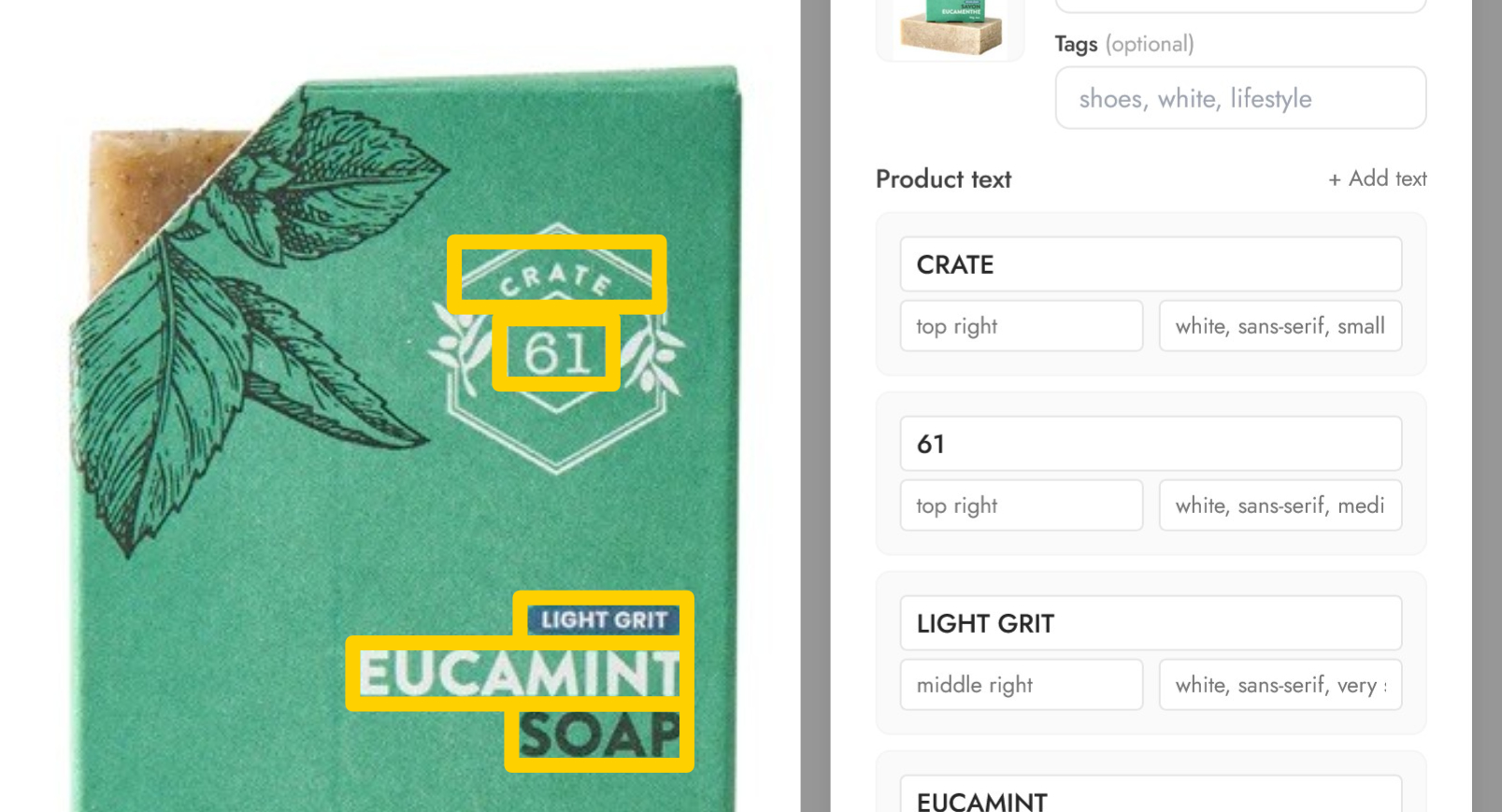 Adding a product in Pebblely — text extraction happens automatically