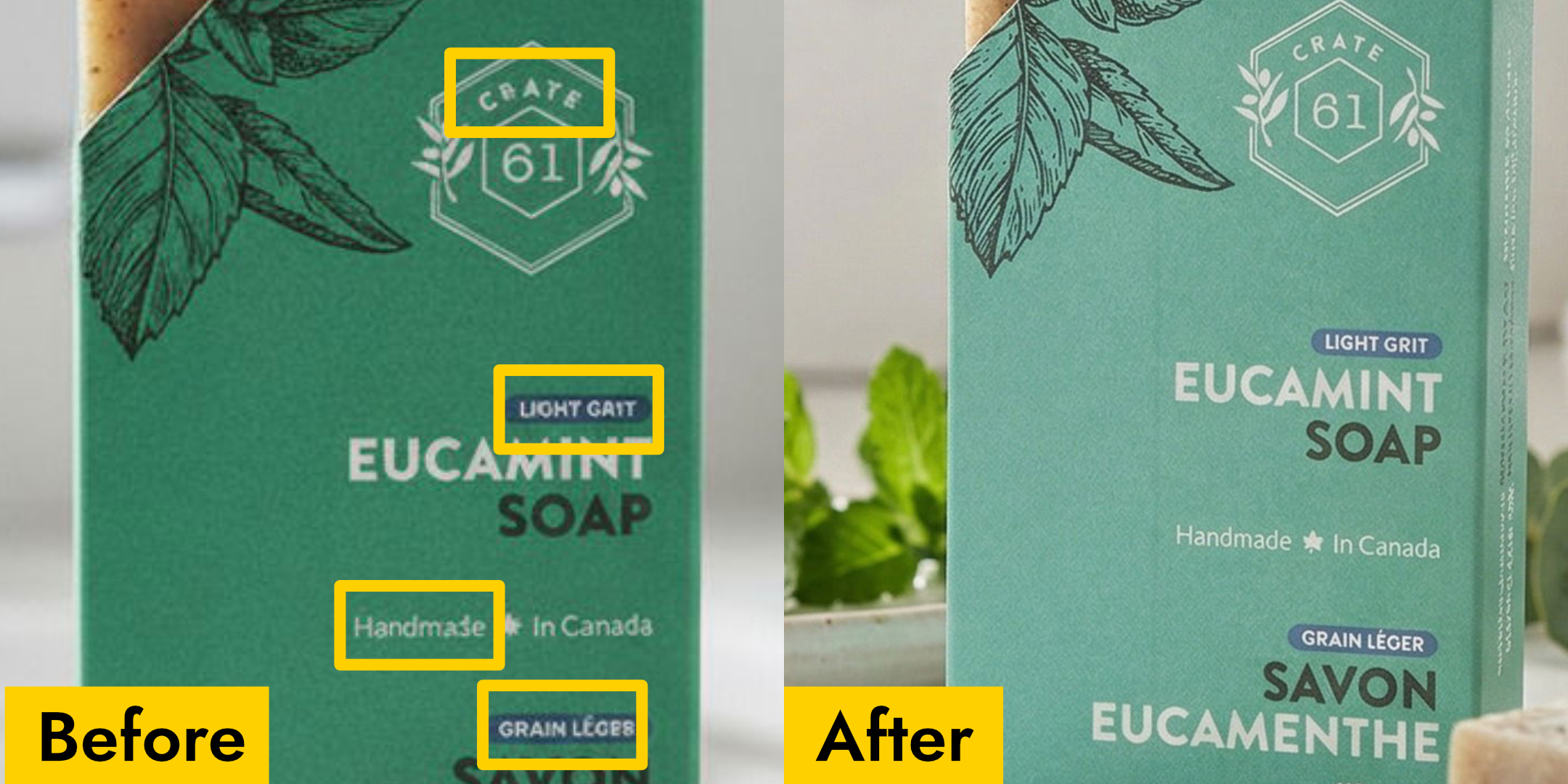 Before and after: garbled text on a soap packaging vs correctly preserved text