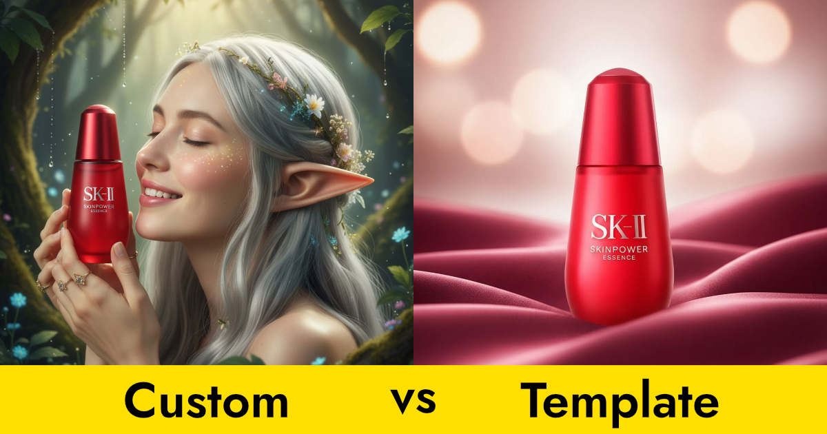 Side-by-side comparison of template and custom prompt results in Pebblely