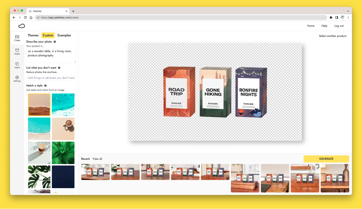 A screenshot of Pebblely Studio with generated images of multiple products