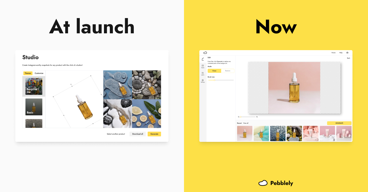 Pebblely app interface at launch and now