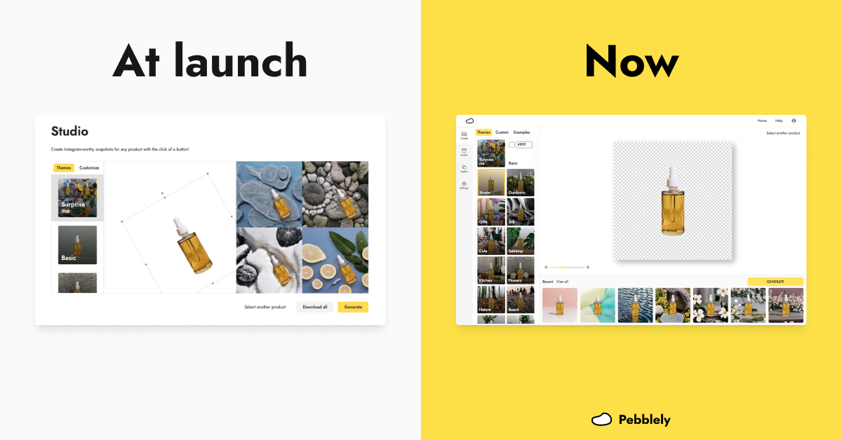 Pebblely app interface at launch and now