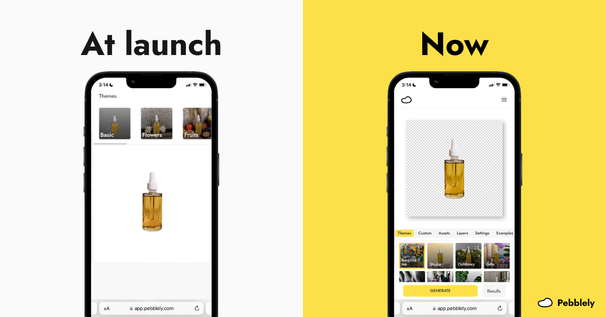 Pebblely mobile interface at launch and now