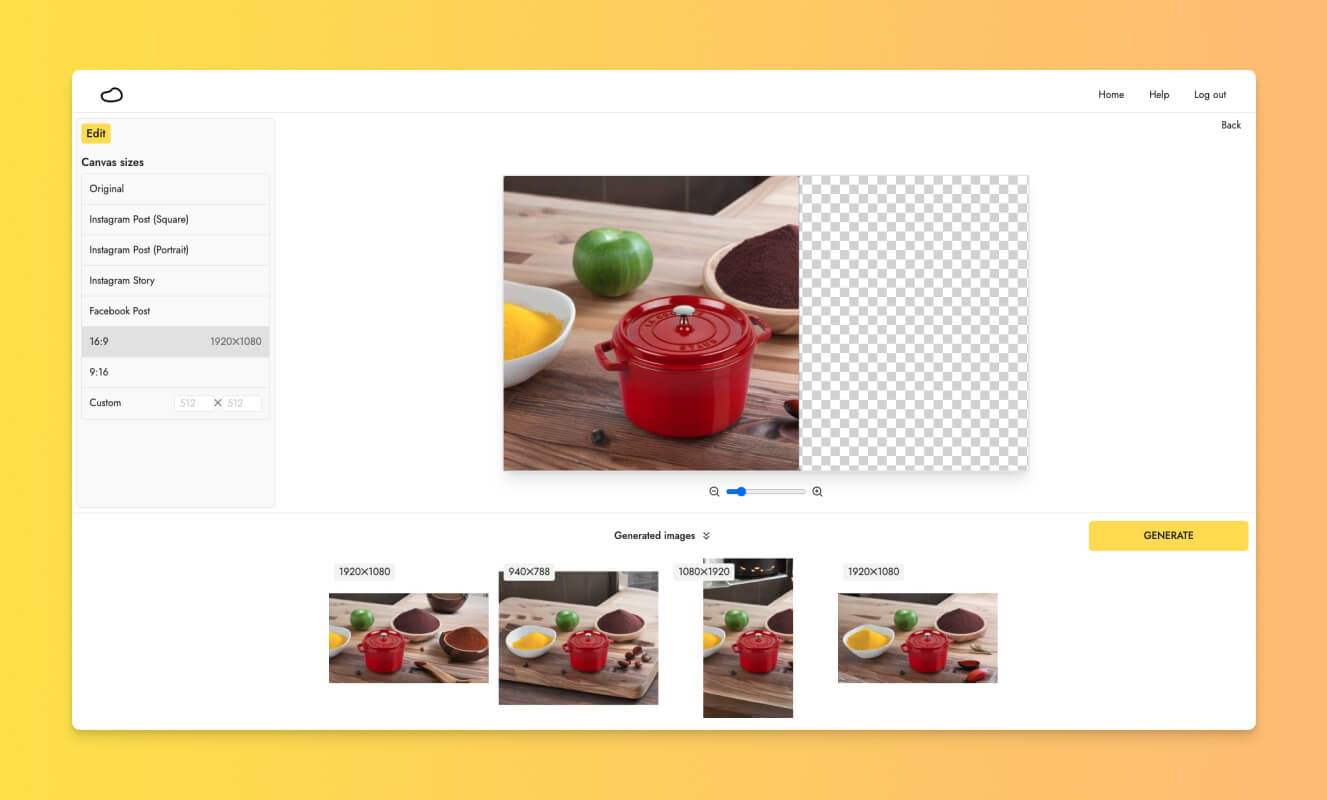 A screenshot of the resizing feature in Pebblely