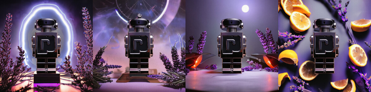 Product images of perfume generated by Pebblely