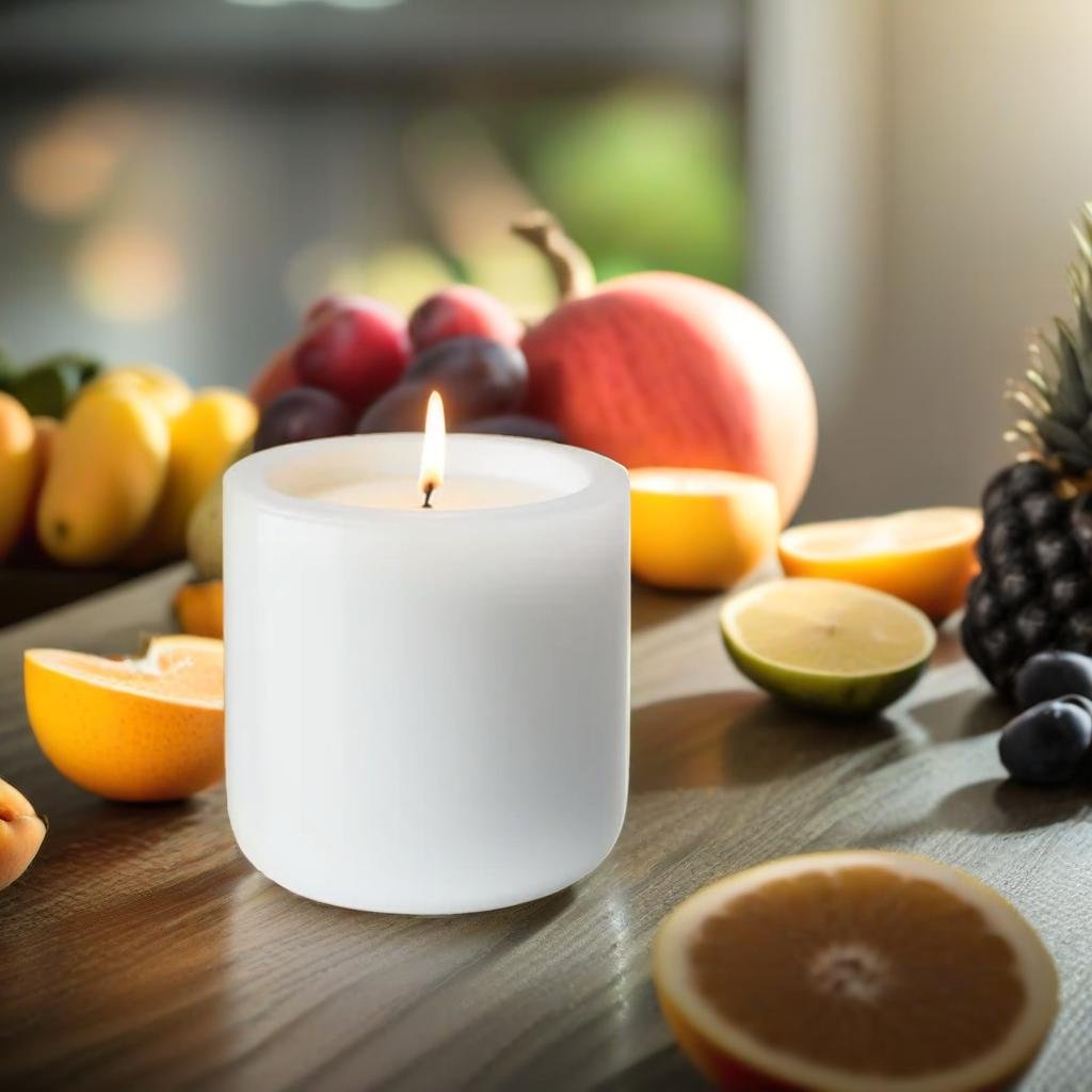 A product sitting on a table next to various fruits