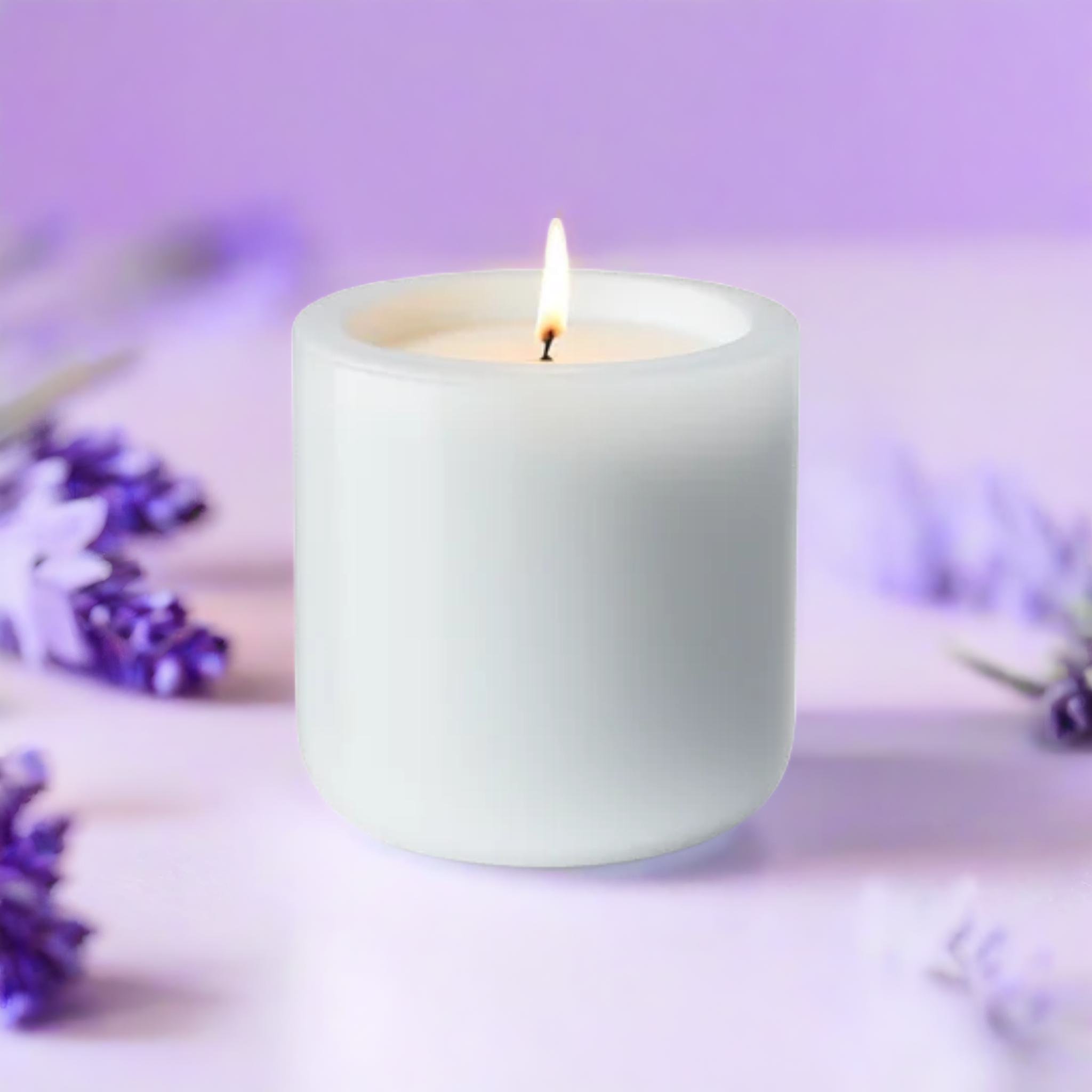 A product standing on a table, surrounded by lavendar, product photography