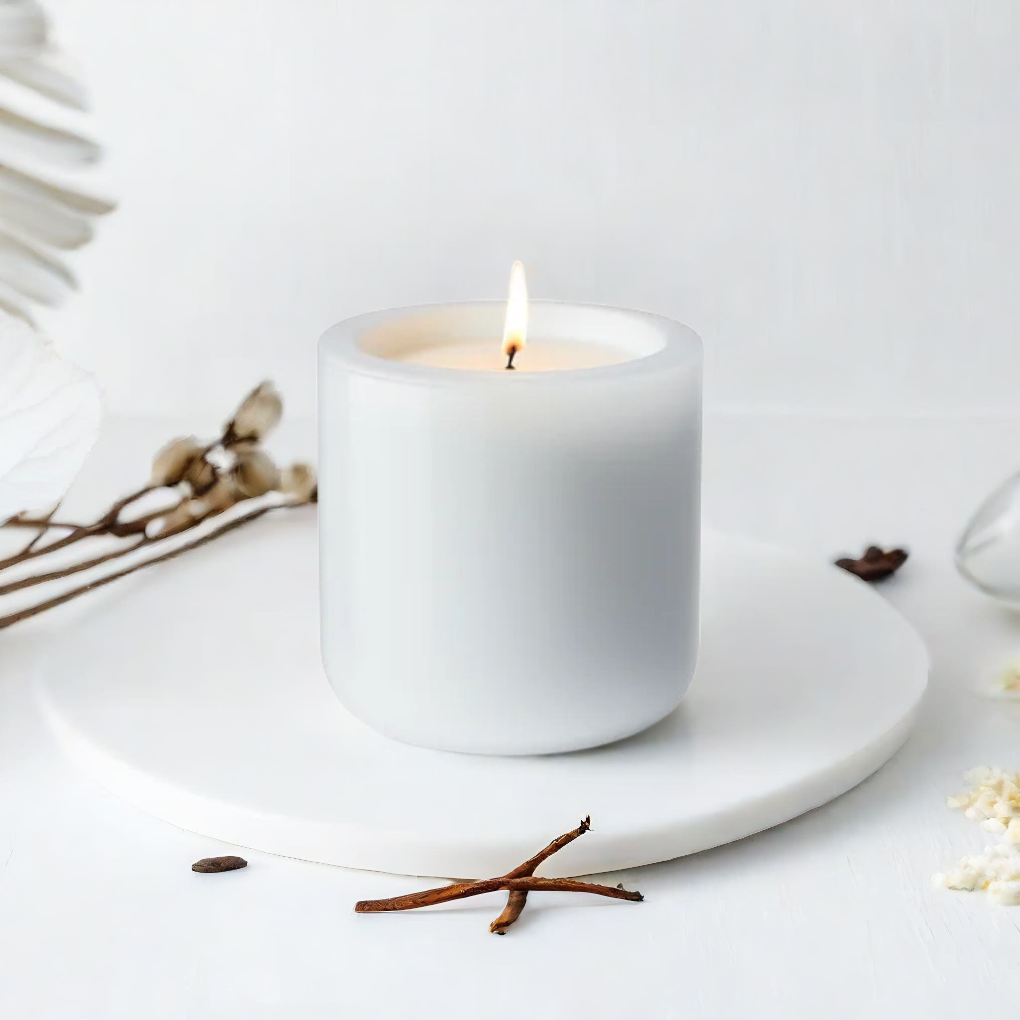 A product standing on a wooden table, surrounded by vanilla beans, product photography