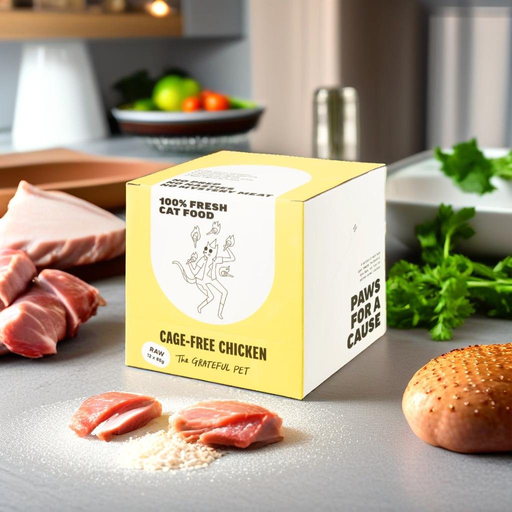 A product standing on a kitchen table, beside raw chicken meat