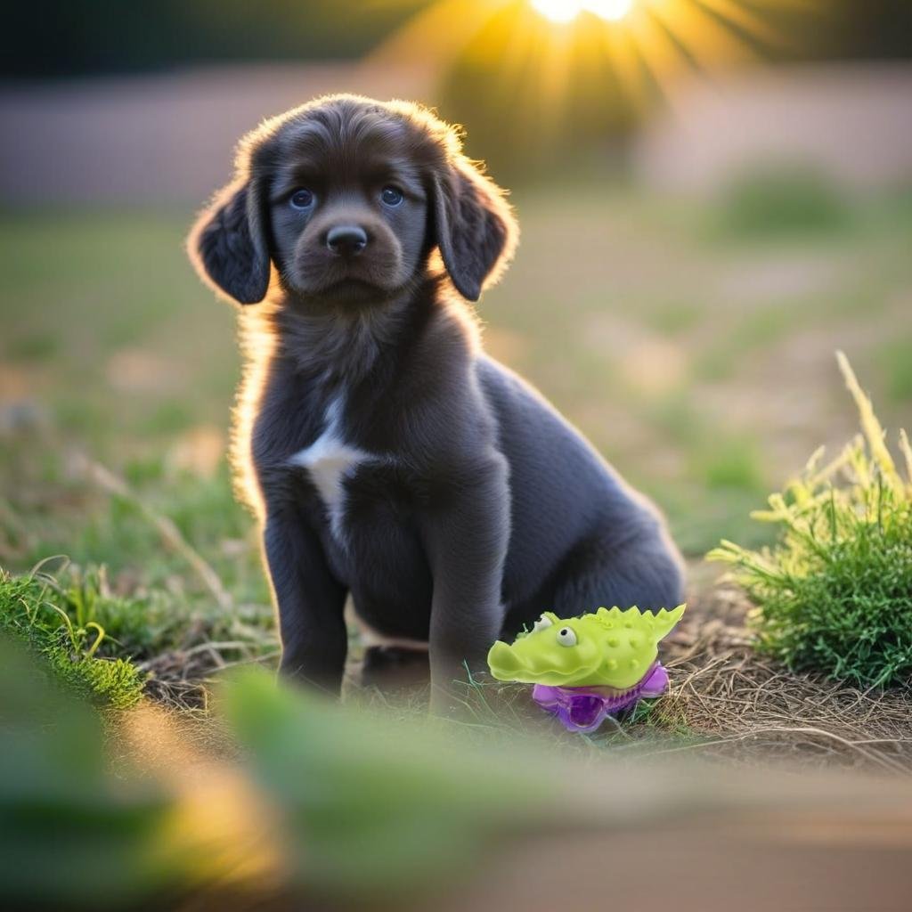 A product standing on grass in the park, a puppy in the background