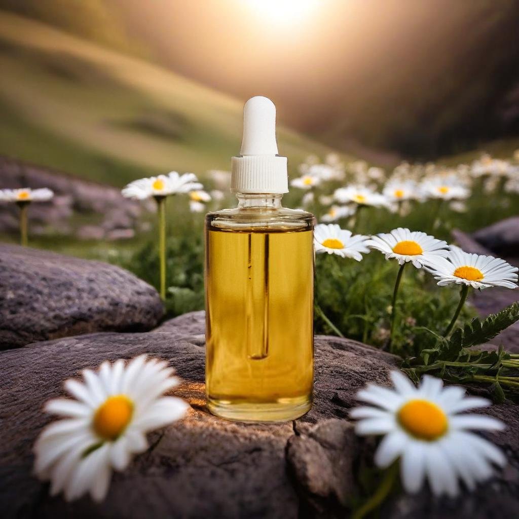 A product standing on a rock, surrounded by daisy