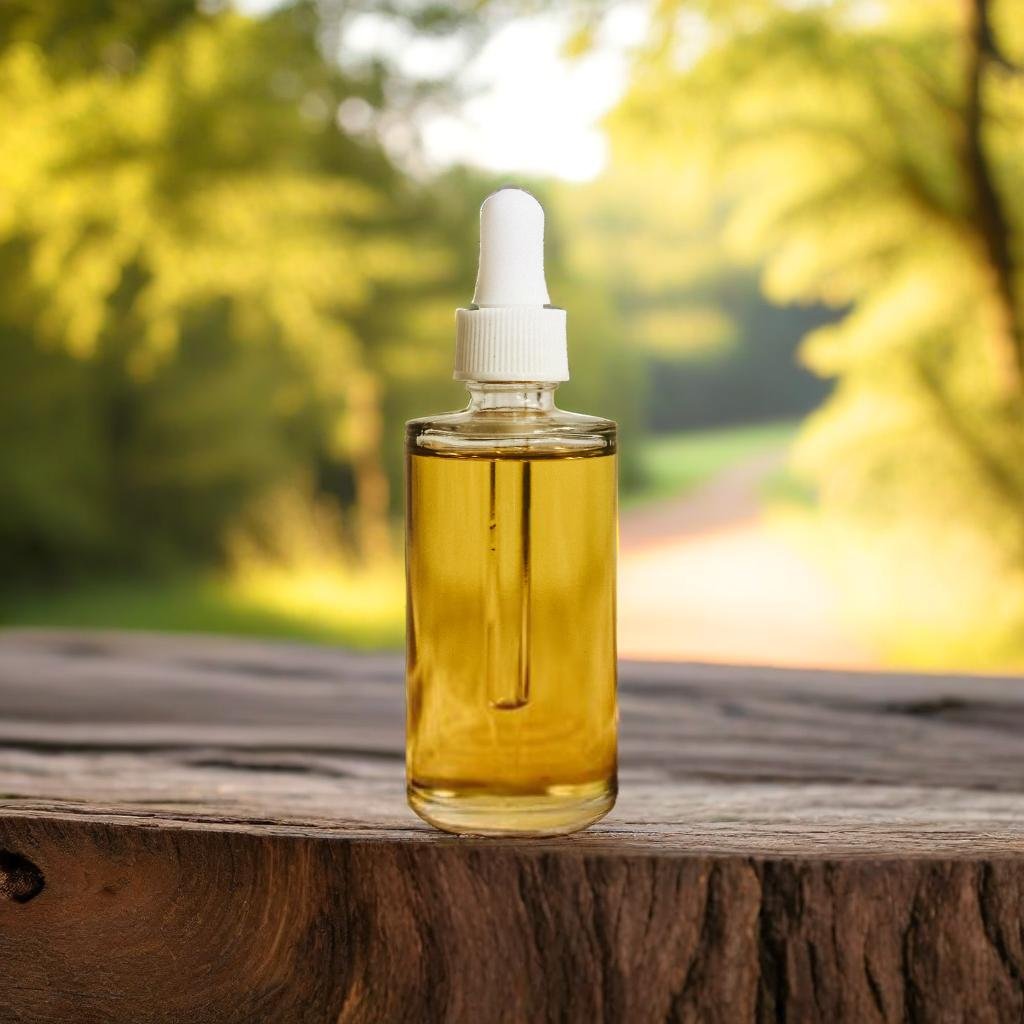 A product standing on a log, forest in the background, shallow depth of field