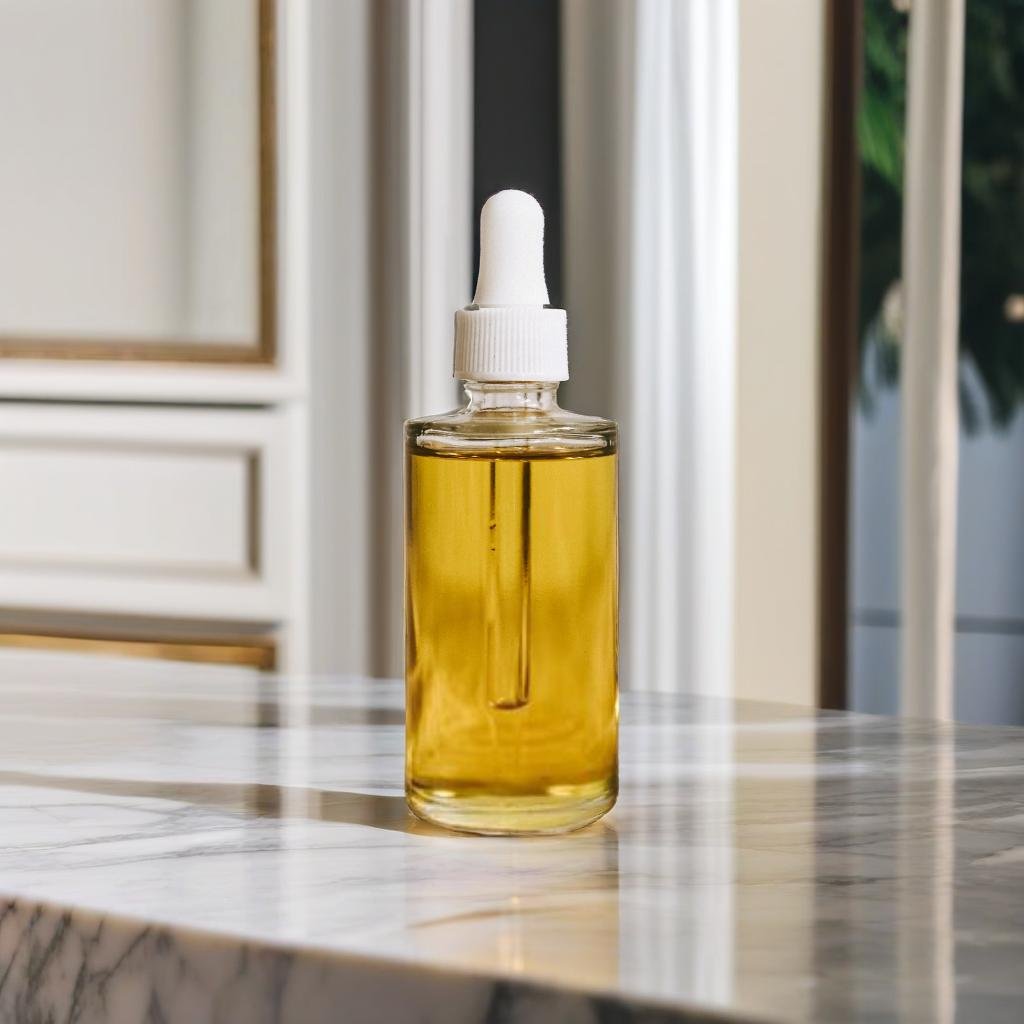 A product standing on a white marble table