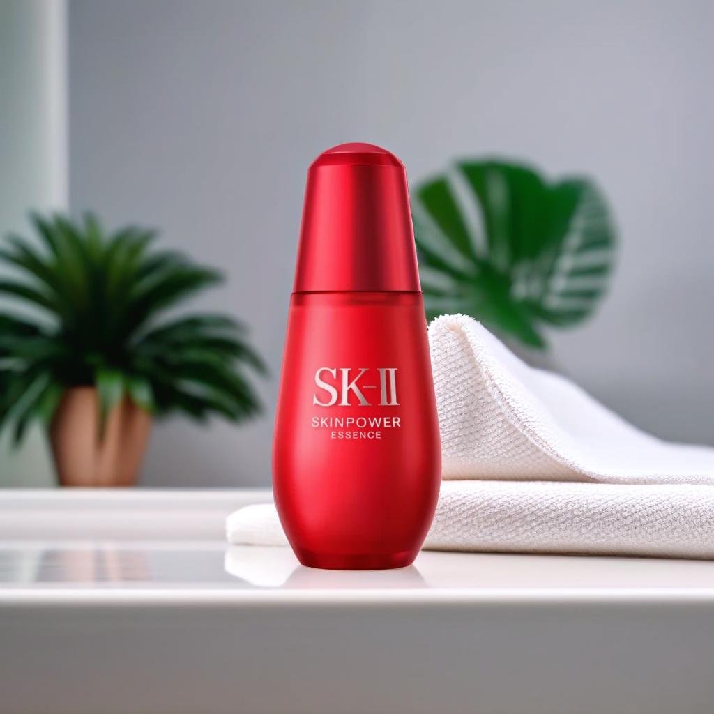 A product standing on a bathroom countertop, white towels and a small potted plant in the background