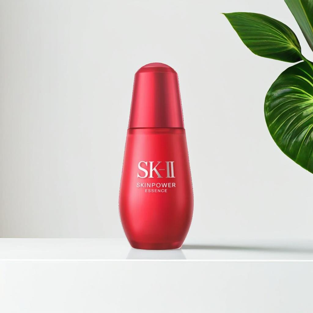 A product standing on a white table, beside a monstera leave