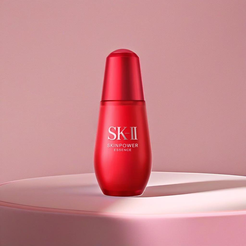 A product standing on a pastel pink table, pink wall in the background, studio photography