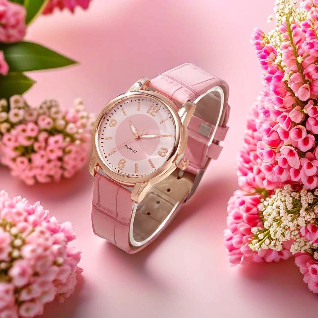 A product Standing on a white platform, surrounded by pink flowers, baby breath, pastel pink background, product photography